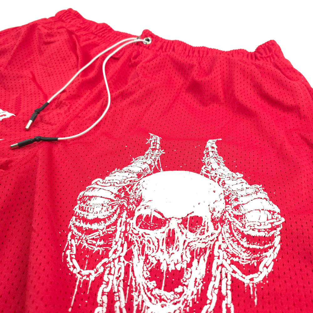 any means necessary shawn coss chains mesh shorts red up close