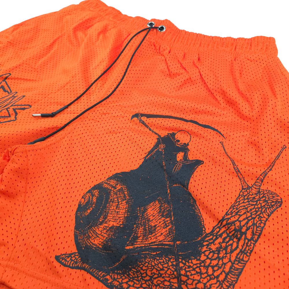 any means necessary shawn coss slow death mesh shorts orange up close