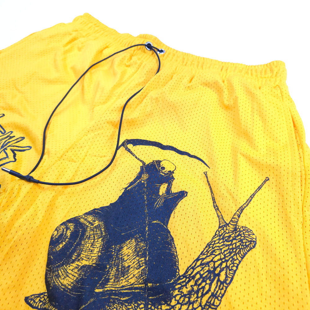 any means necessary shawn coss slow death mesh shorts yellow up close