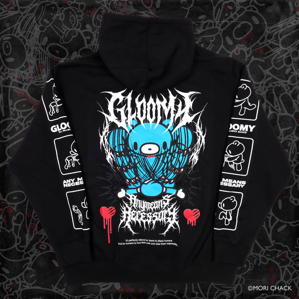 A black pullover hoodie laid flat, showing the back graphic. The design features a blue cartoon character with a single white eye, surrounded by white spiky text reading 'GLOOMY' and 'Meaningless Existence,' with red dripping heart details.