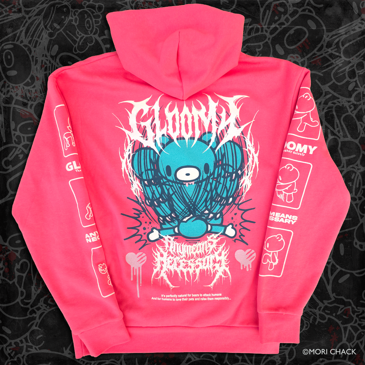 A pink hoodie with Gloomy Bear character and metal logo wording with sleeve prints Any Means Necessary