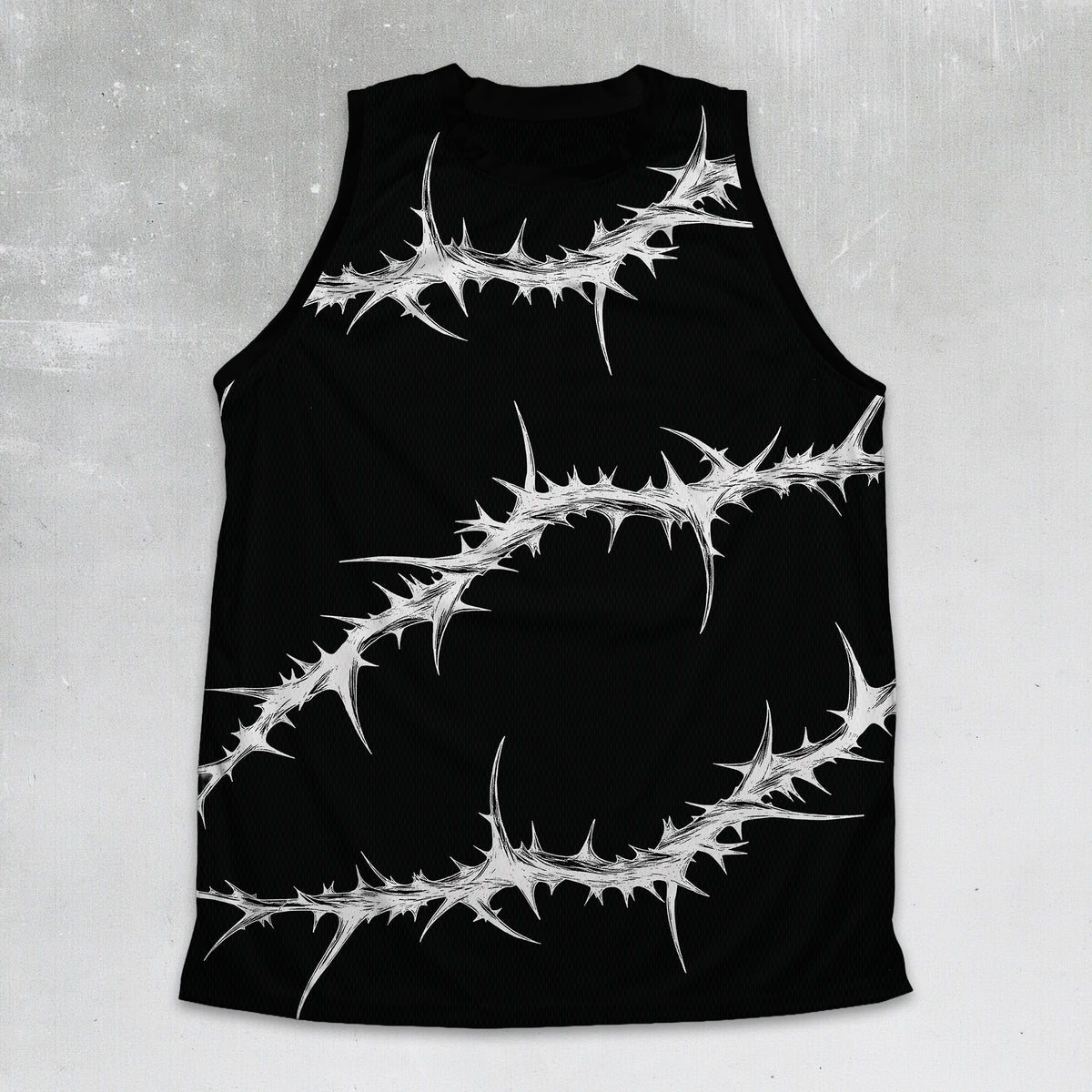 A black sleeveless tank top featuring a large white graphic print of thorny barbed wire across the front, displayed flat against a textured gray background.