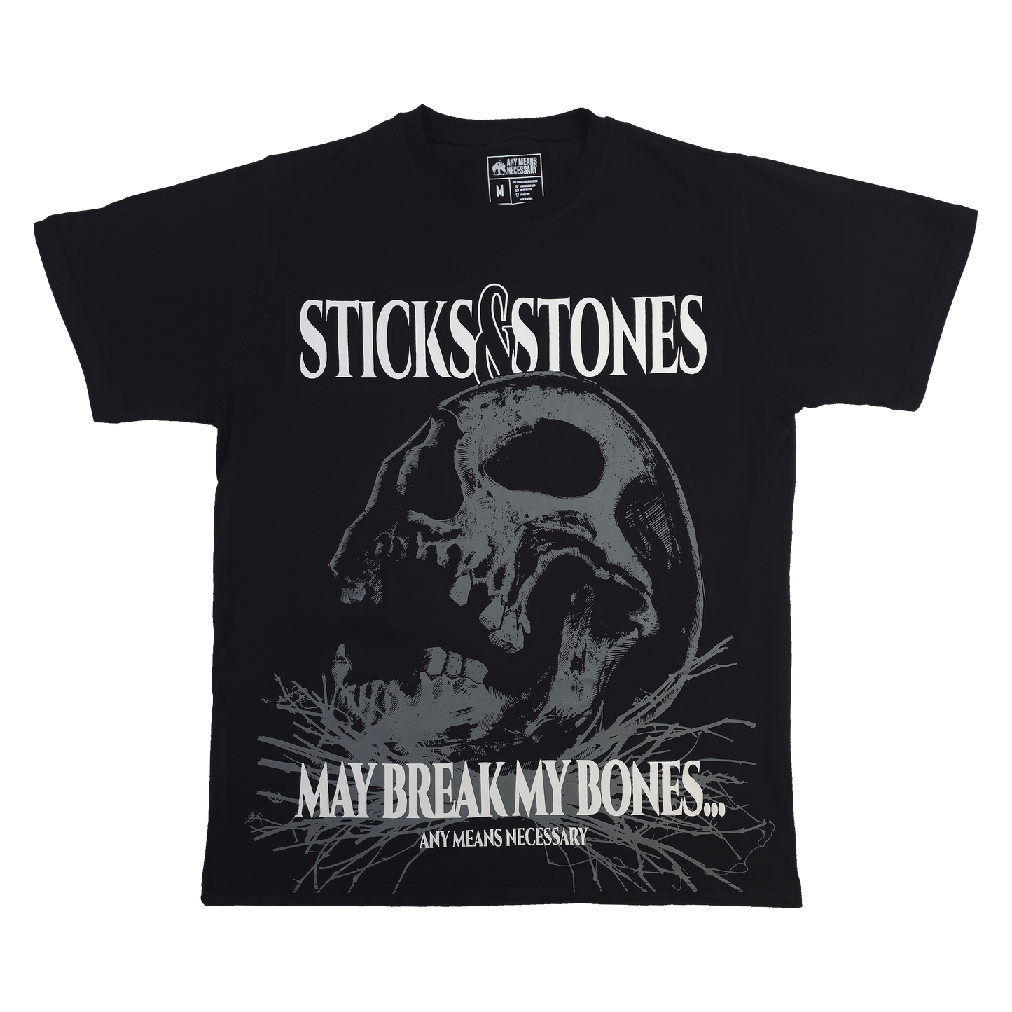 any means necessary shawn coss sticks and stones t shirt black