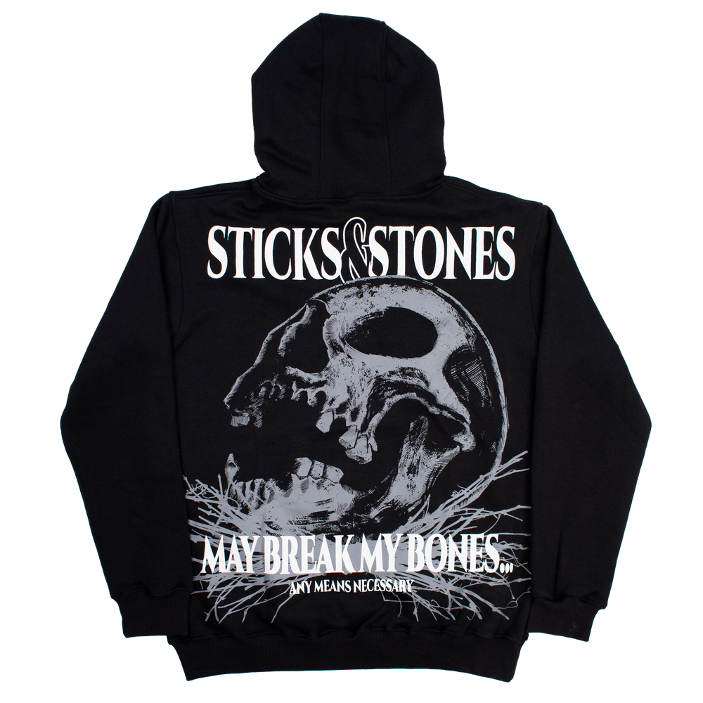 any means necessary shawn coss sticks and stones pullover hoodie black back