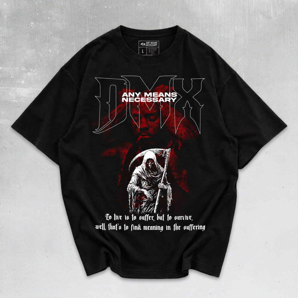 A black short-sleeve graphic t-shirt featuring the band DMX's 'Any Means Necessary' design, including a grim reaper illustration and text, laid flat on a textured gray background.