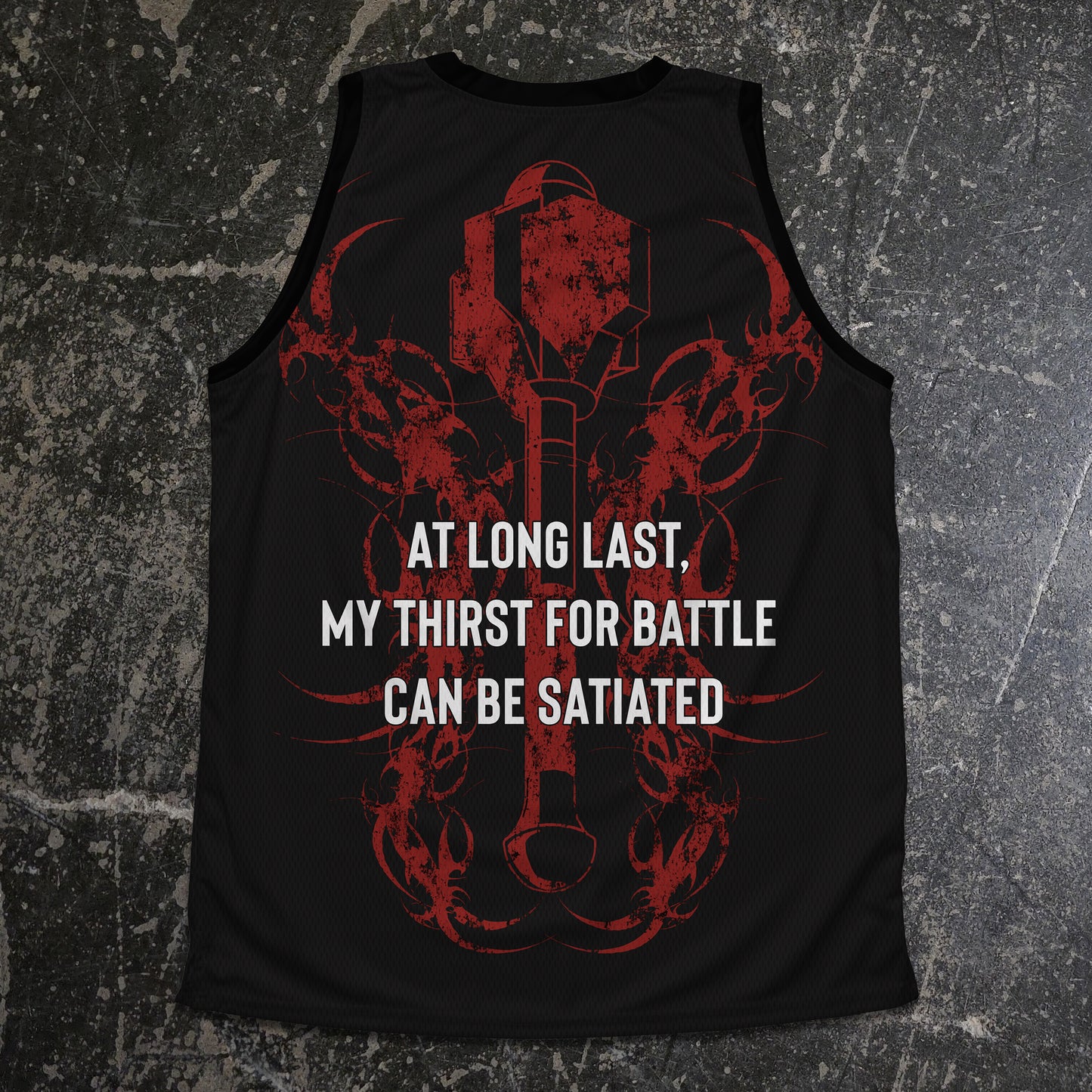 Black tank top with red graphic and white text on a textured gray background