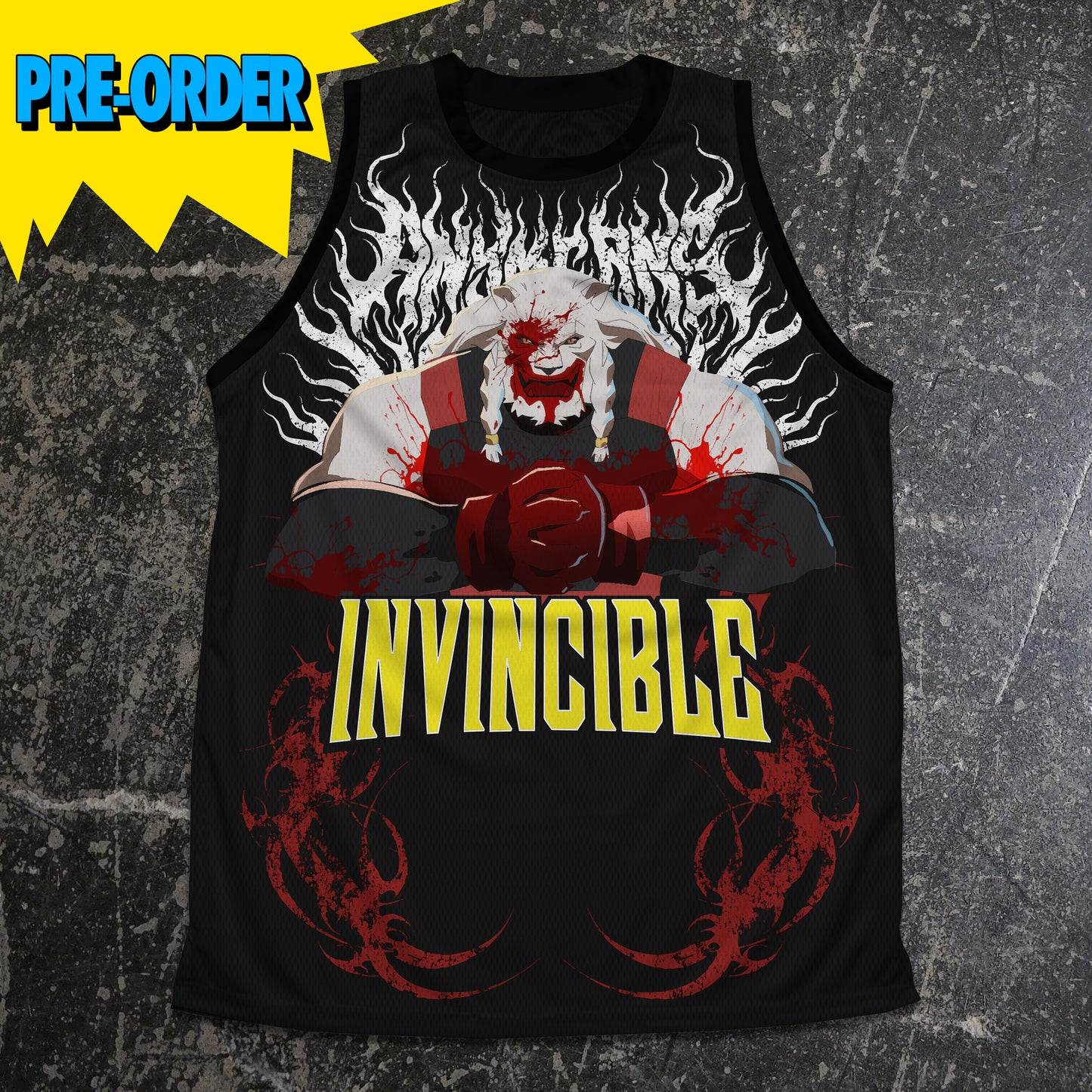 Black tank top with graphic design and 'INVINCIBLE' text on a textured gray background