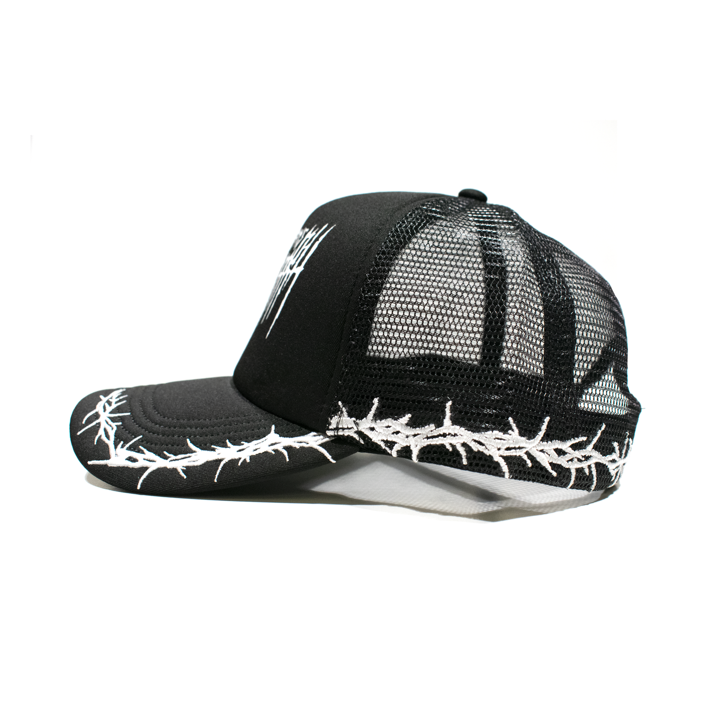 
                  
                    any means necessary shawn coss thorns mesh foam trucker hat black side
                  
                