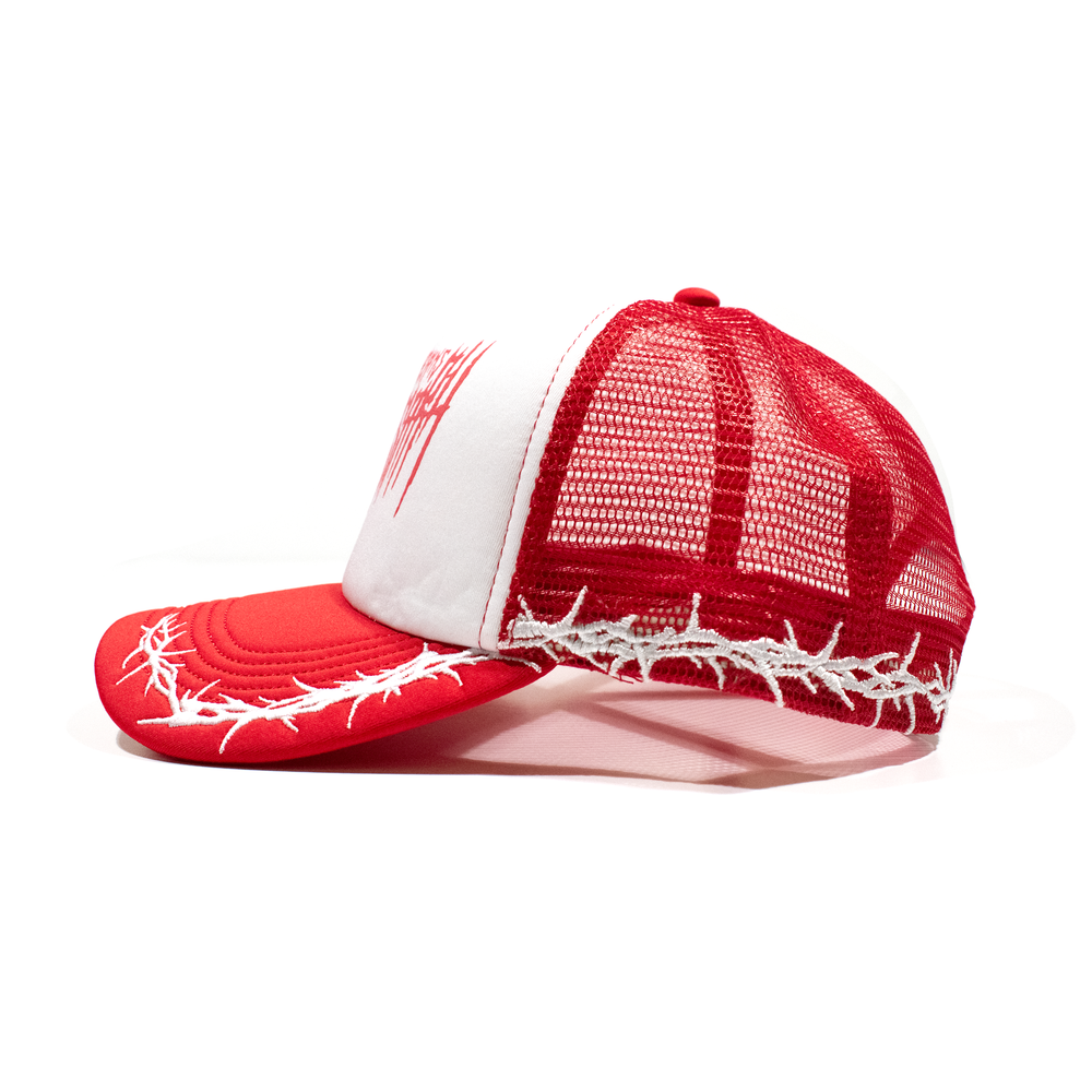 
                  
                    any means necessary shawn coss thorns mesh foam trucker hat red side
                  
                