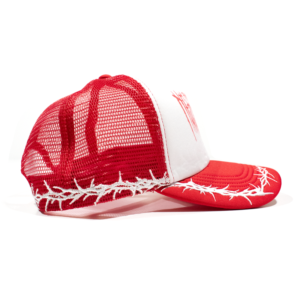 any means necessary shawn coss thorns mesh foam trucker hat red side