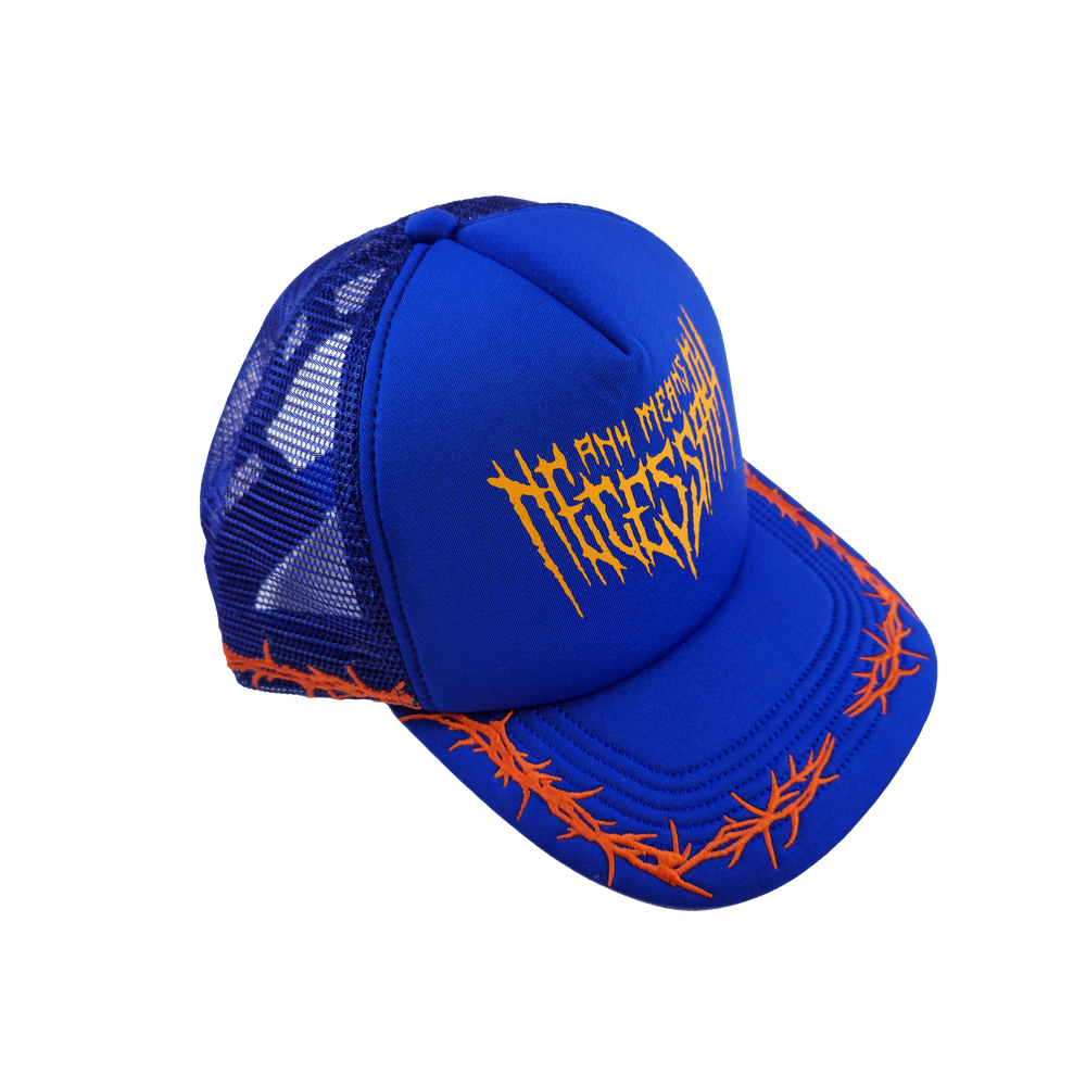 any means necessary shawn coss thorns mesh foam trucker hat blue orange