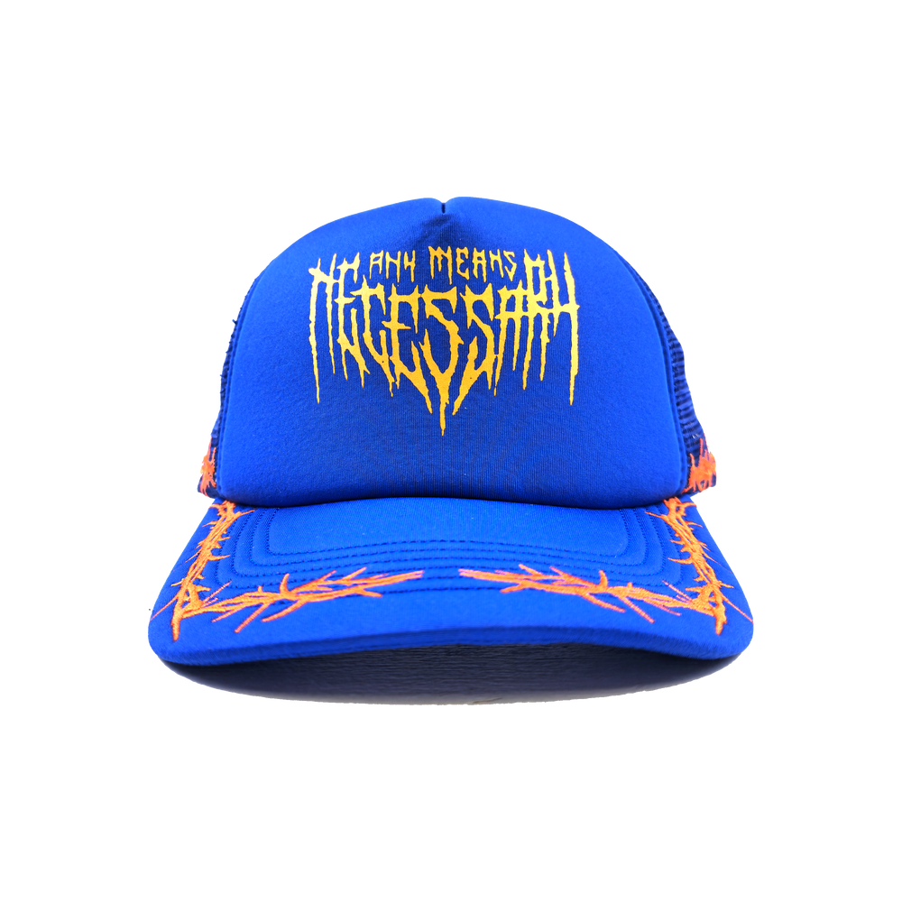 any means necessary shawn coss thorns mesh foam trucker hat blue orange front