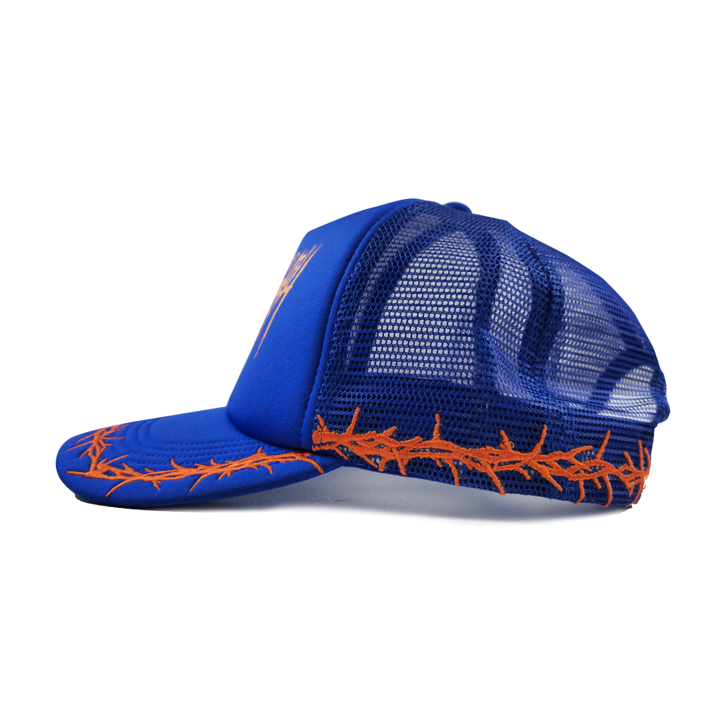 
                  
                    any means necessary shawn coss thorns mesh foam trucker hat blue orange side
                  
                