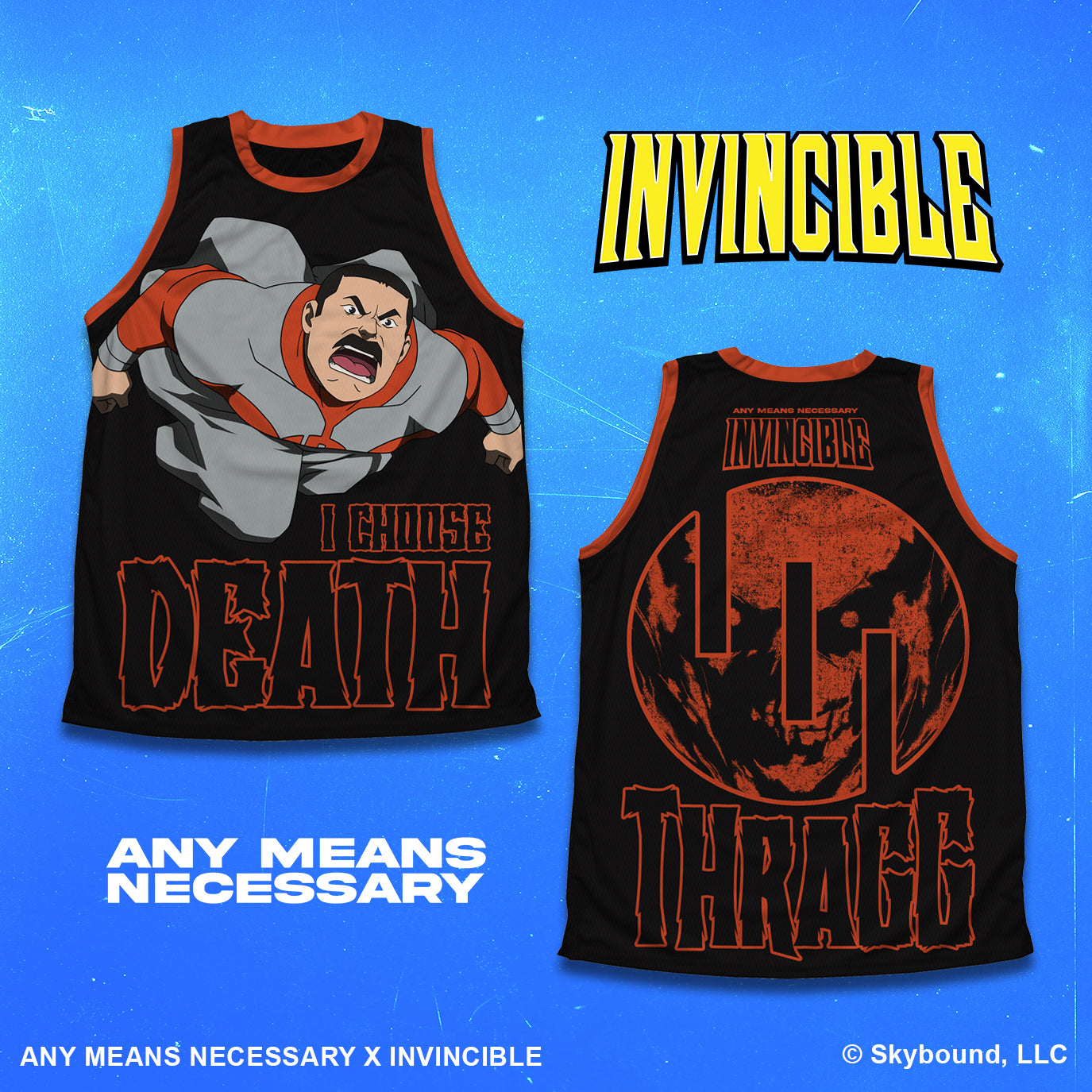 Black tank top with graphic design and text on a blue background, featuring the brand 'Invincible'. thragg