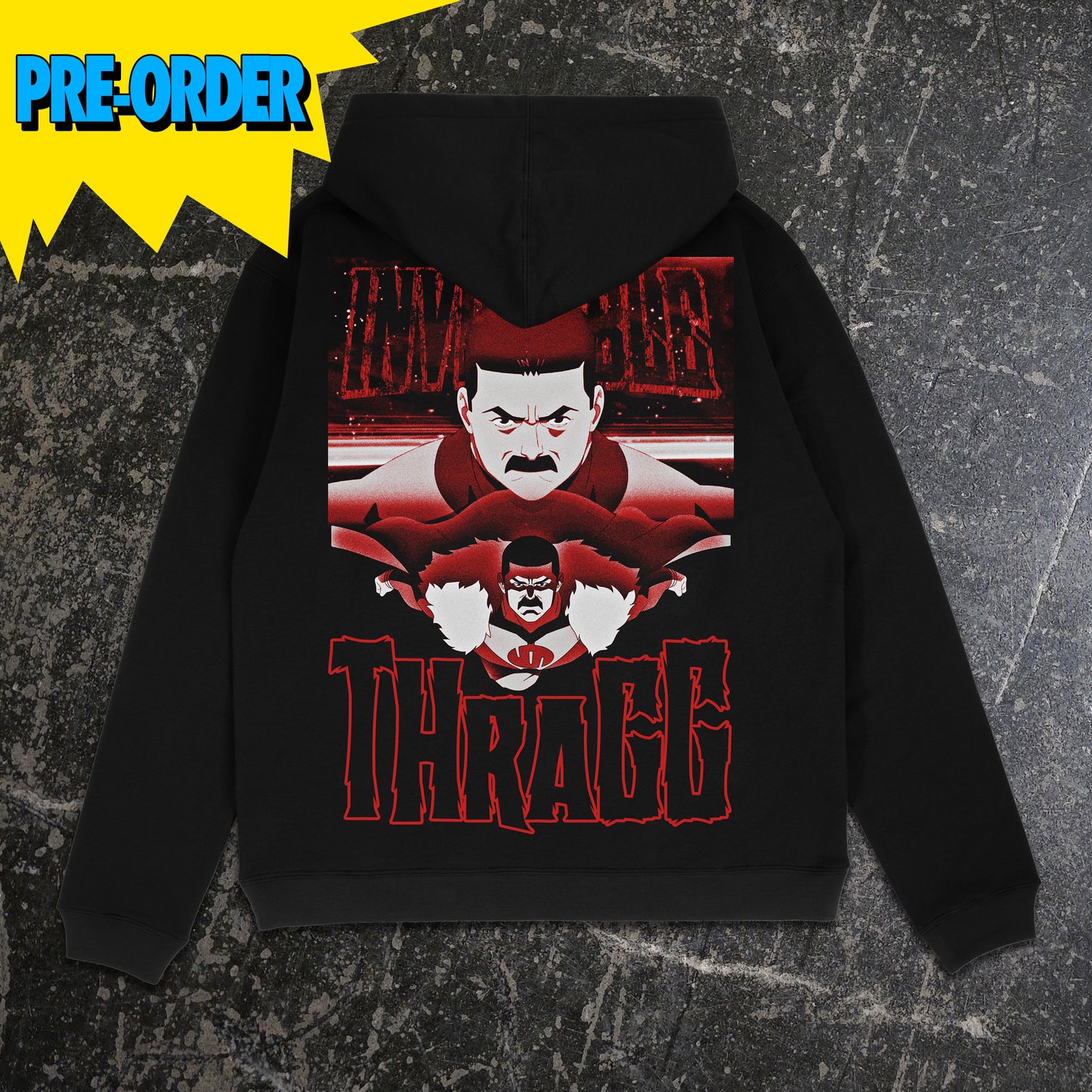 Black hoodie with graphic design and 'Pre-Order' text on a textured gray background
