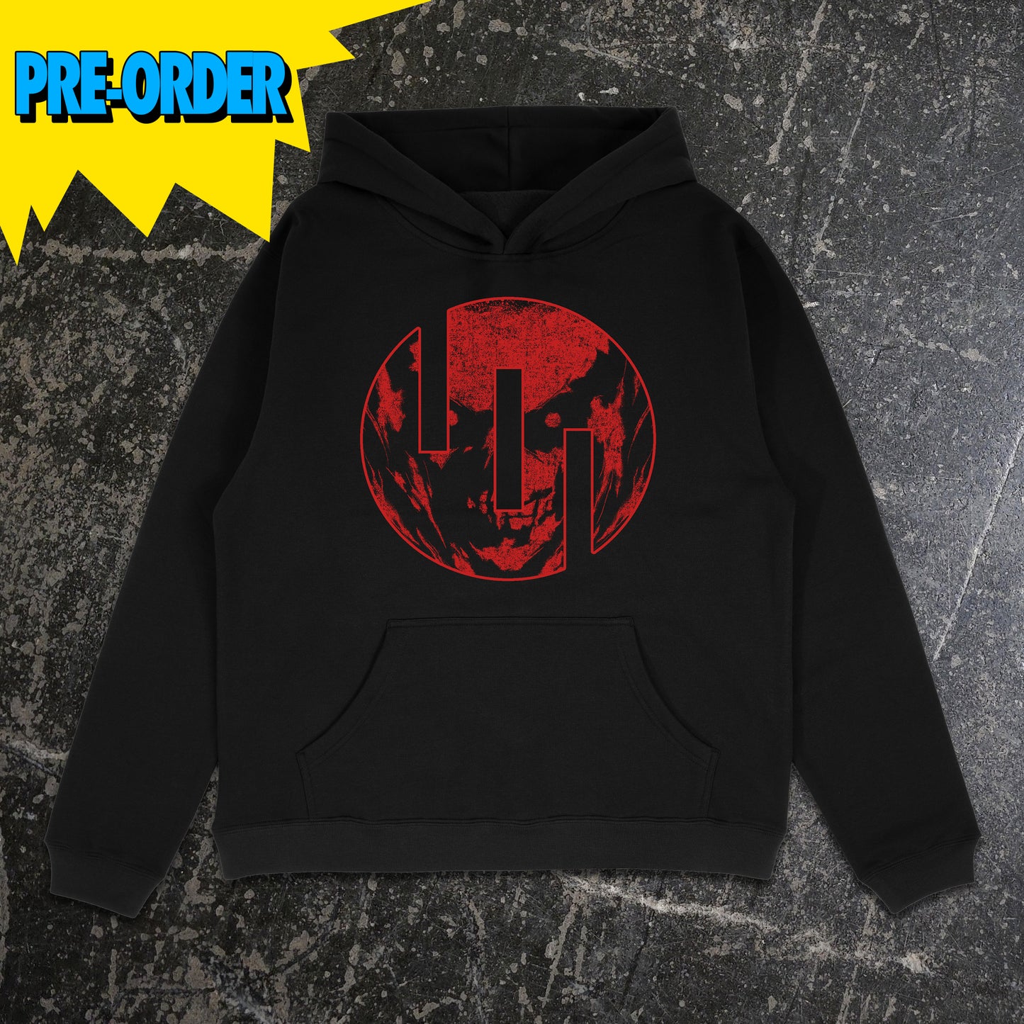 Black hoodie with red graphic design on a textured gray background, featuring 'PRE-ORDER' text.