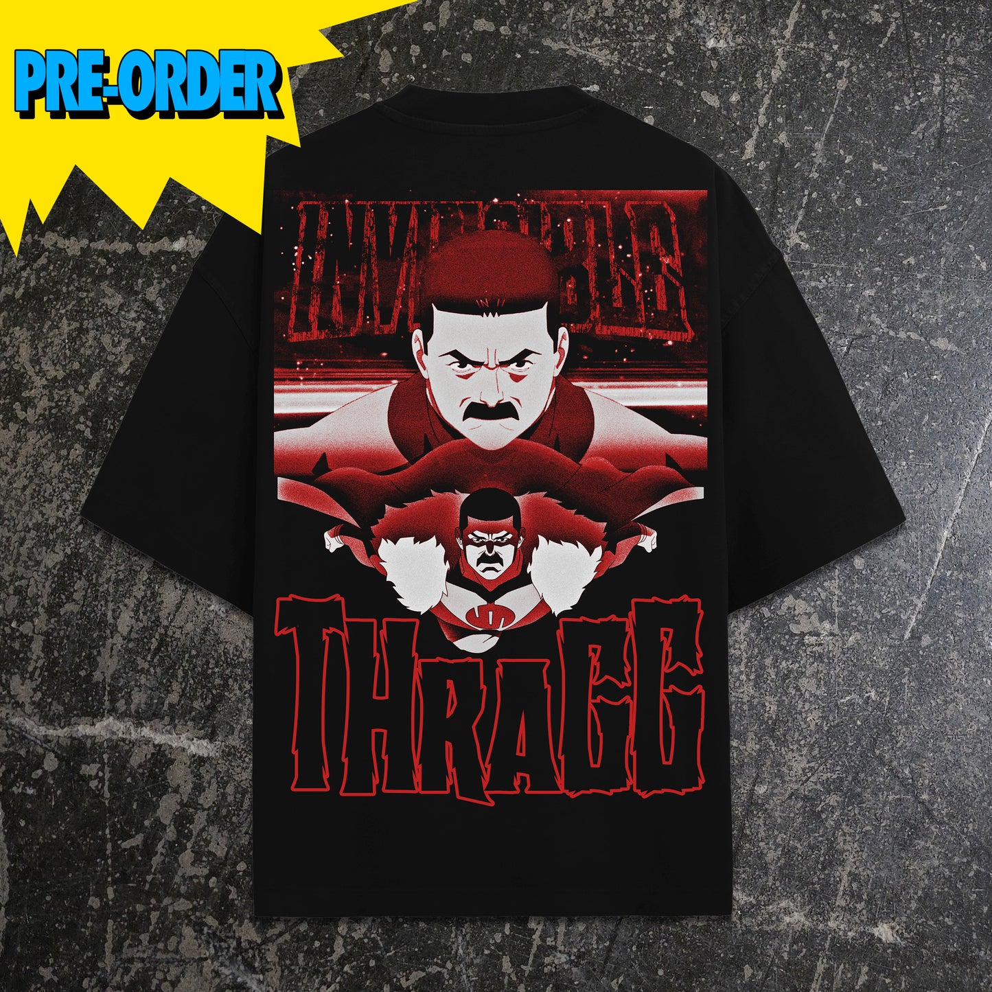 Black t-shirt with red and white graphic design featuring a character and 'THRAGG' text on a textured gray background.