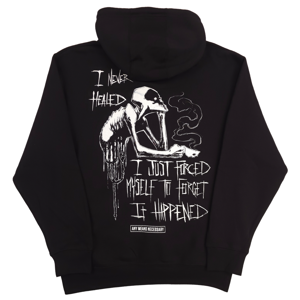 any means necessary shawn coss to forget pullover hoodie black back