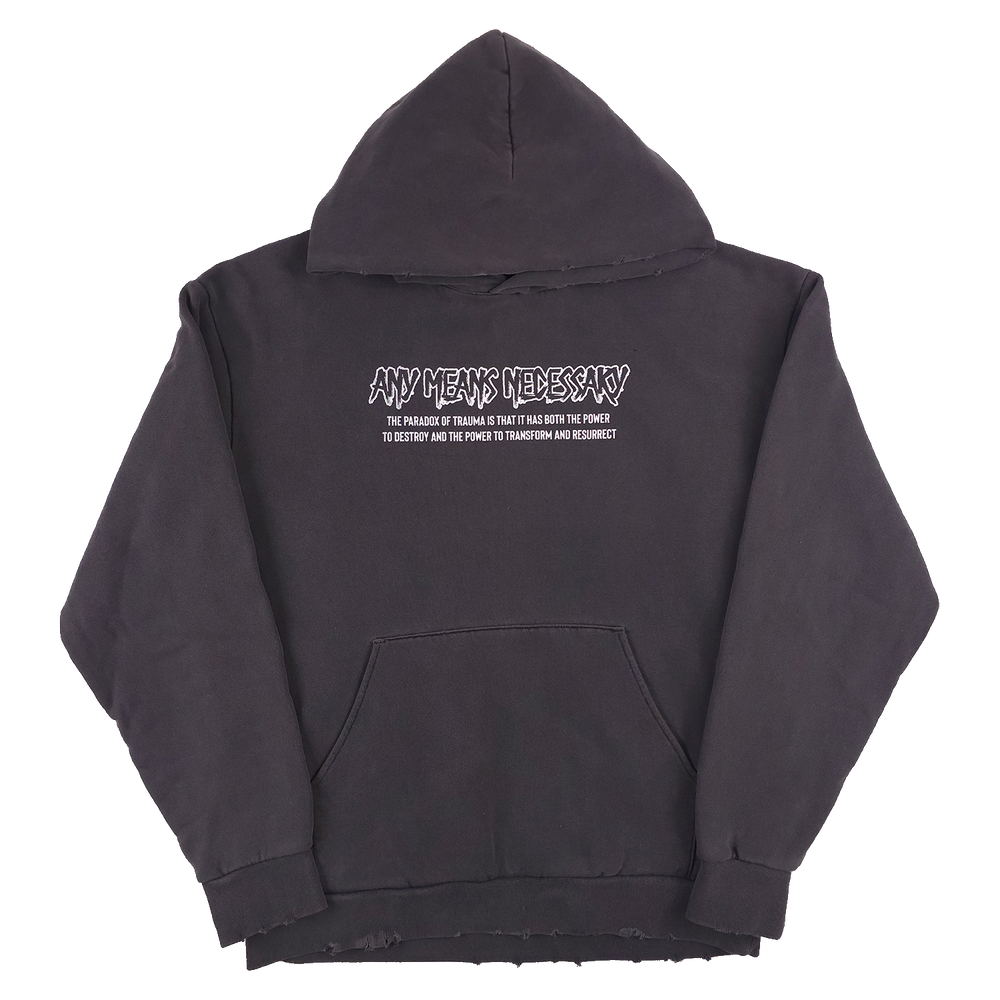 any means necessary shawn coss trauma pullover hoodie pigment black front