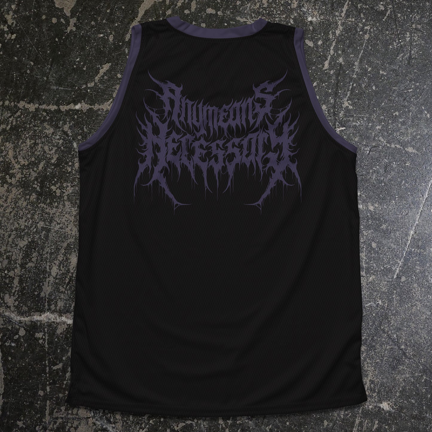 Black tank top with purple text on a textured gray background any means necessary shawn coss truth shall kill basketball jersey back
