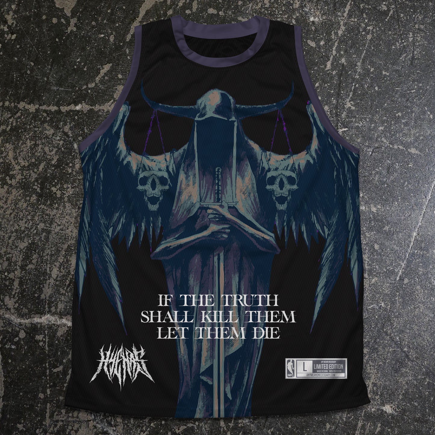 Tank top with a graphic design and text on a textured surface any means necessary shawn coss truth shall kill basketball jersey front