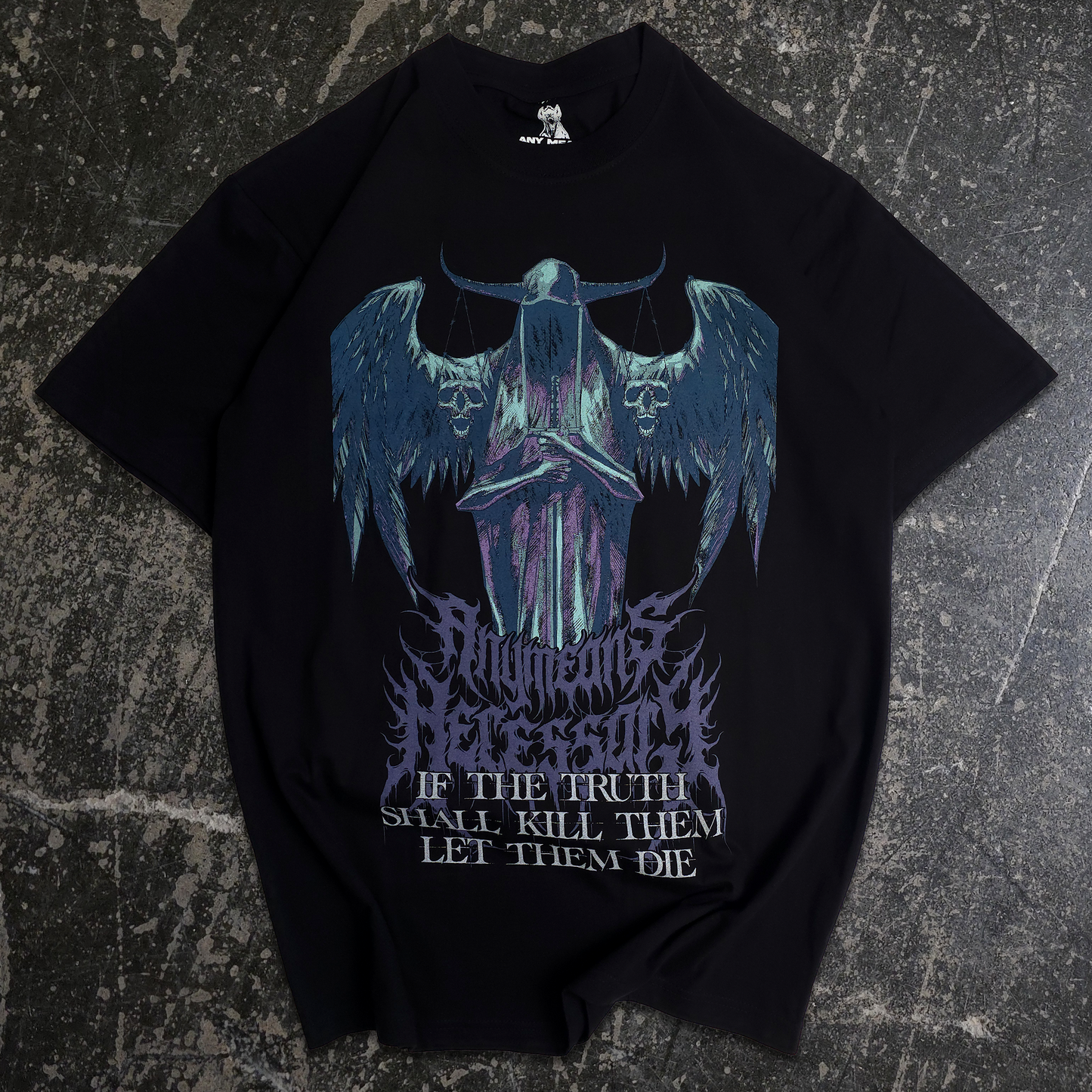 any means necessary shawn coss truth shall kill t shirt black gothic angel with sword and skull scales