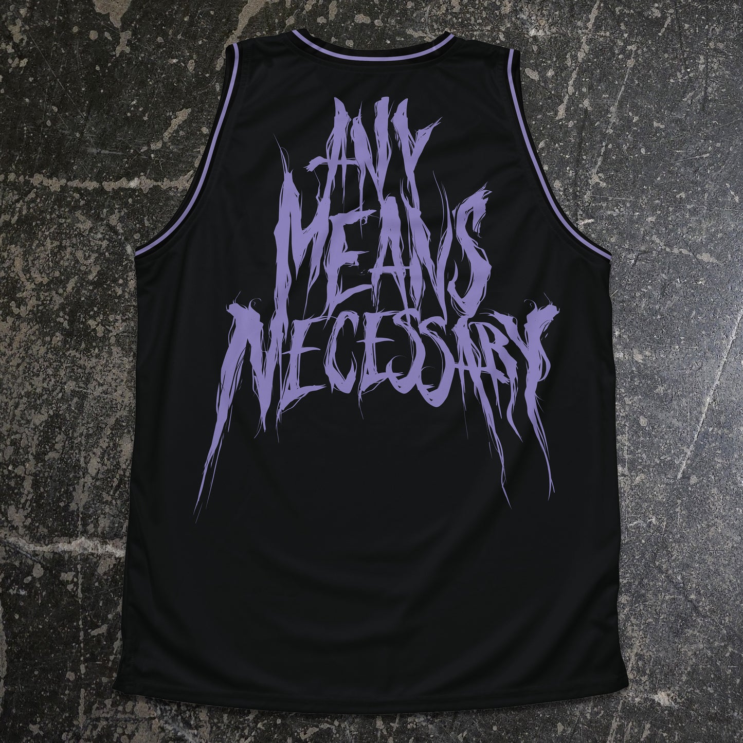 Black tank top with purple text on a textured gray background any means necessary shawn coss walrus basketball jersey back