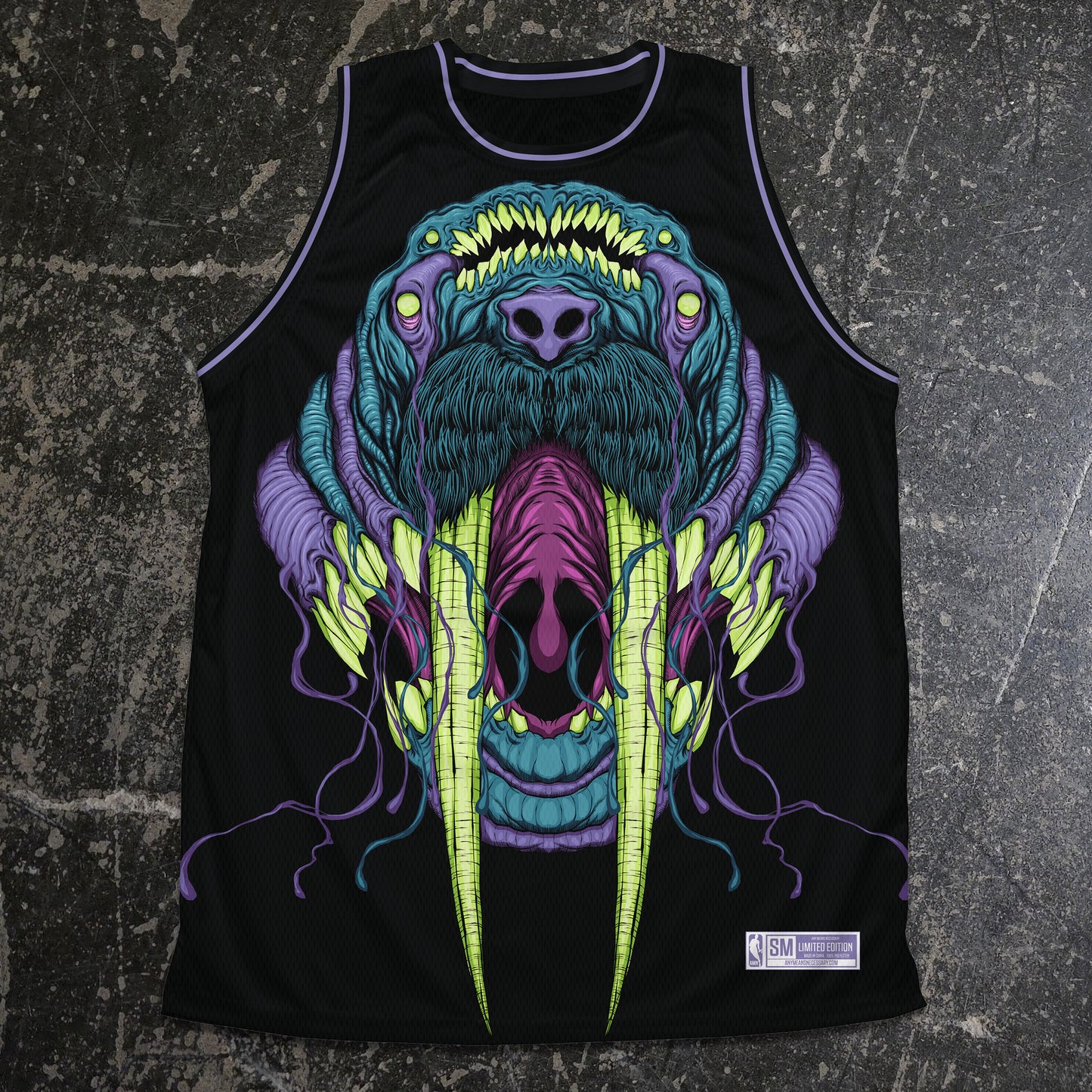 Black tank top with a colorful alien design on a textured gray background any means necessary shawn coss walrus basketball jersey front