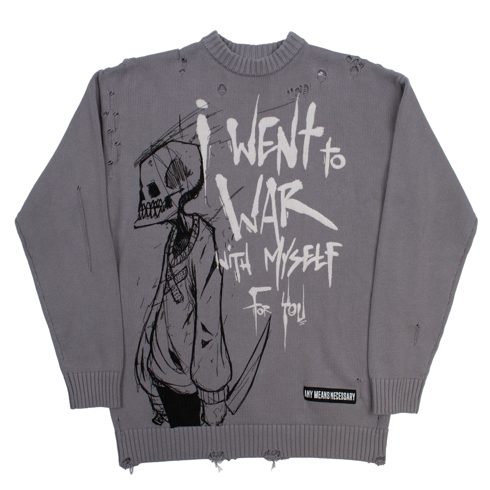 
                      
                        any means necessary shawn coss war with myself knit sweater front
                      
                    