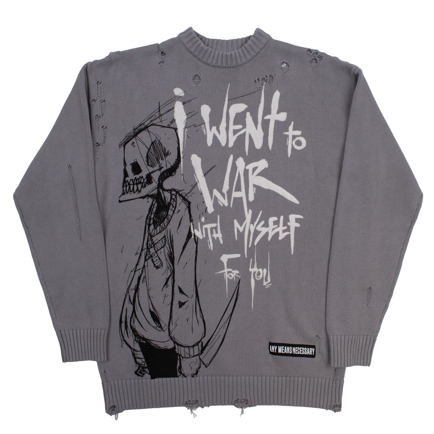 any means necessary shawn coss war with myself knit sweater front