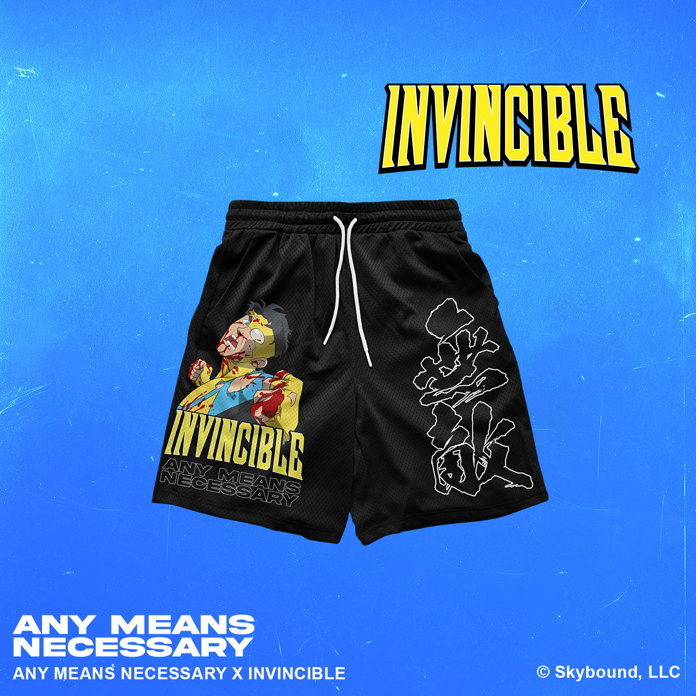 Black shorts with graphic designs and text on a textured gray background