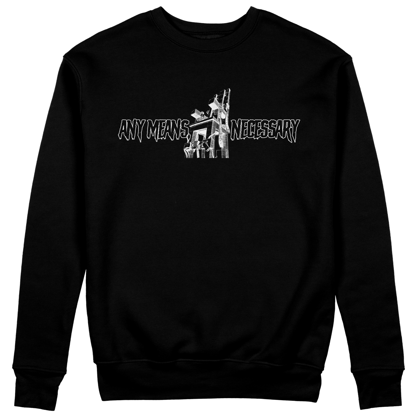
                  
                    any means necessary shawn coss electric chair hot seat crewneck sweatshirt black front
                  
                