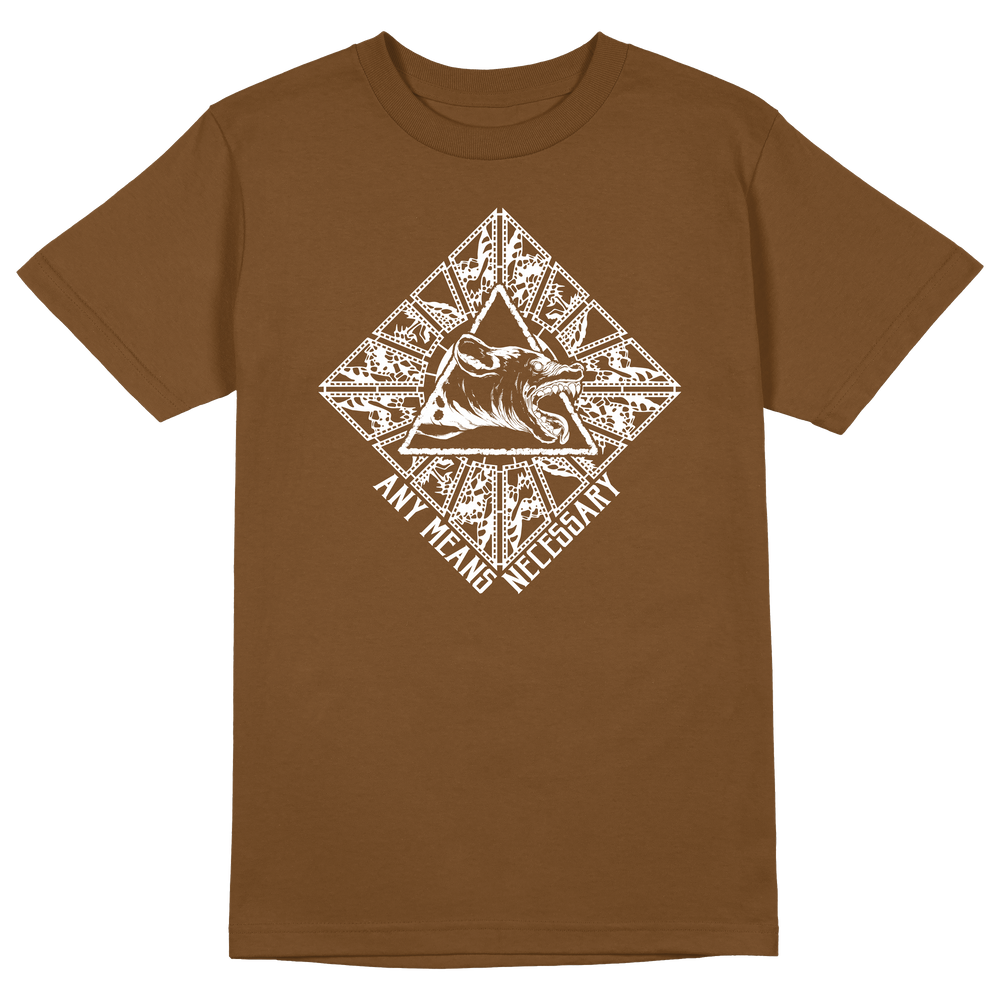 any means necessary shawn coss hyena oblivion t shirt brown