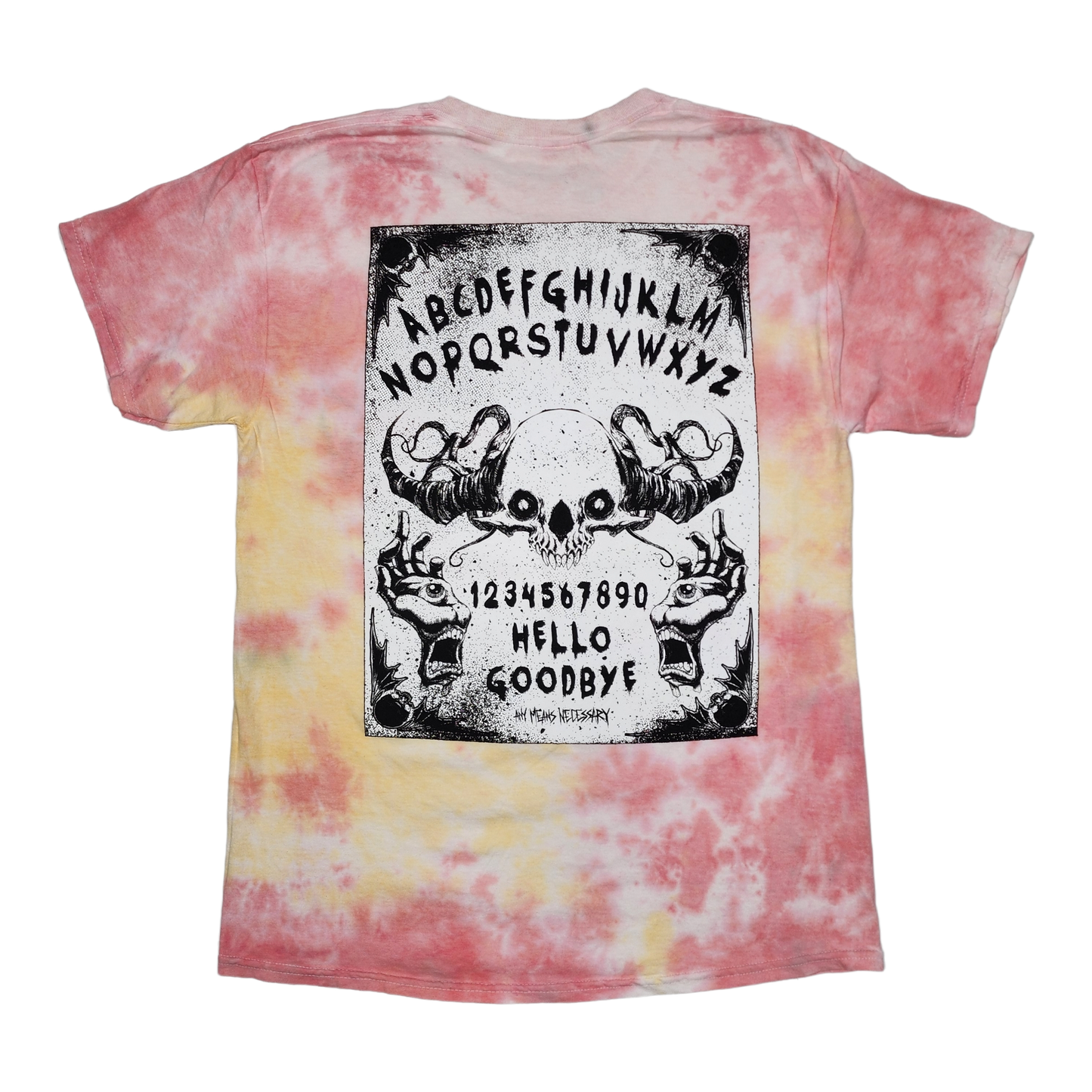 any means necessary shawn coss ouija t shirt plasma tie dye yellow pink back