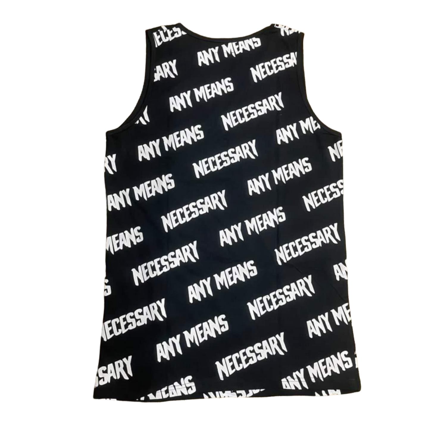 any means necessary shawn coss all over print tank top black back