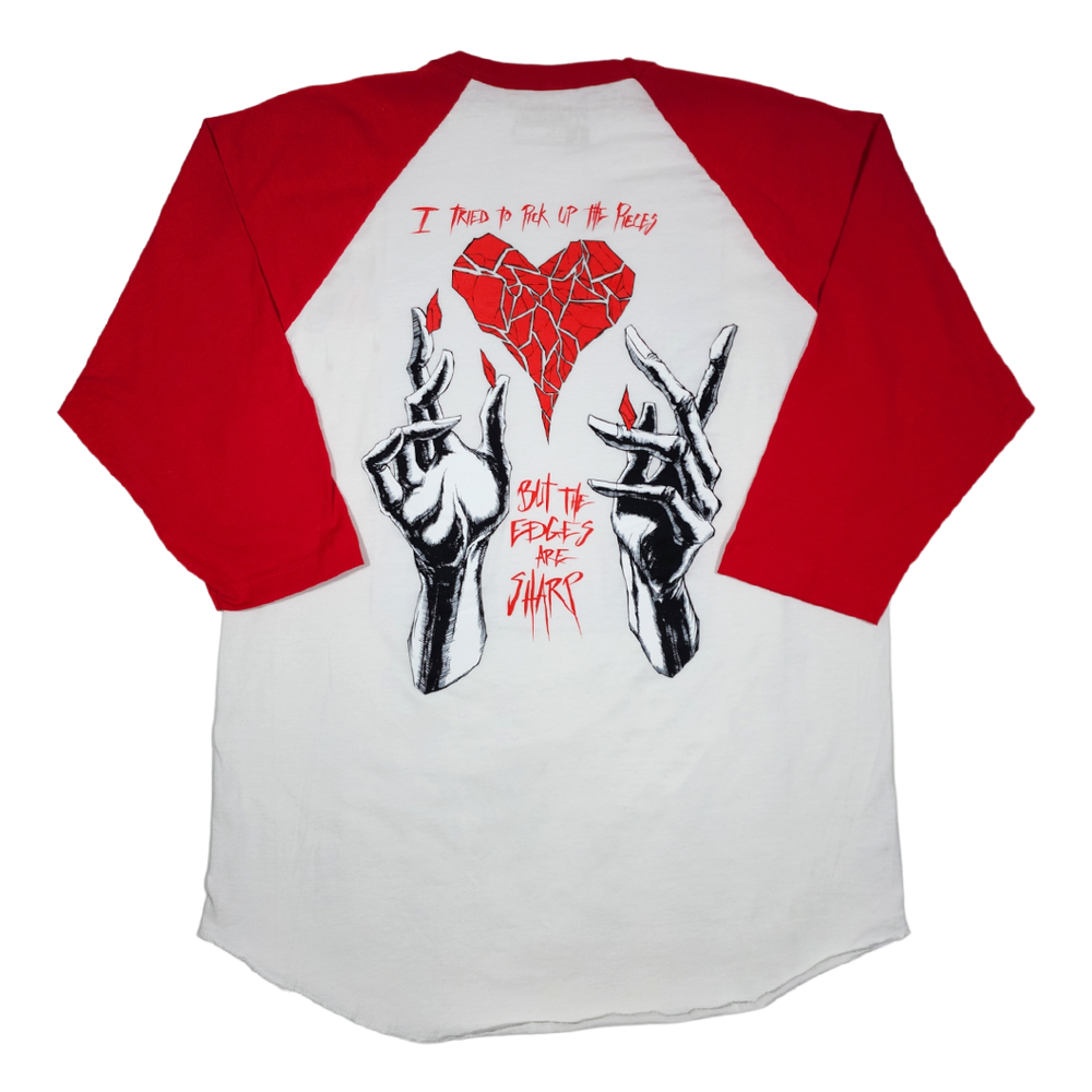 any means necessary shawn coss sharp edges baseball raglan 3/4 sleeve t shirt white and red back