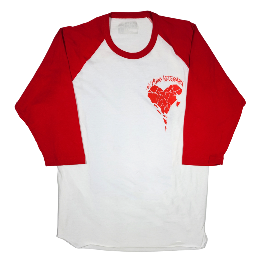 
                      
                        any means necessary shawn coss sharp edges baseball raglan 3/4 sleeve t shirt white and red front
                      
                    