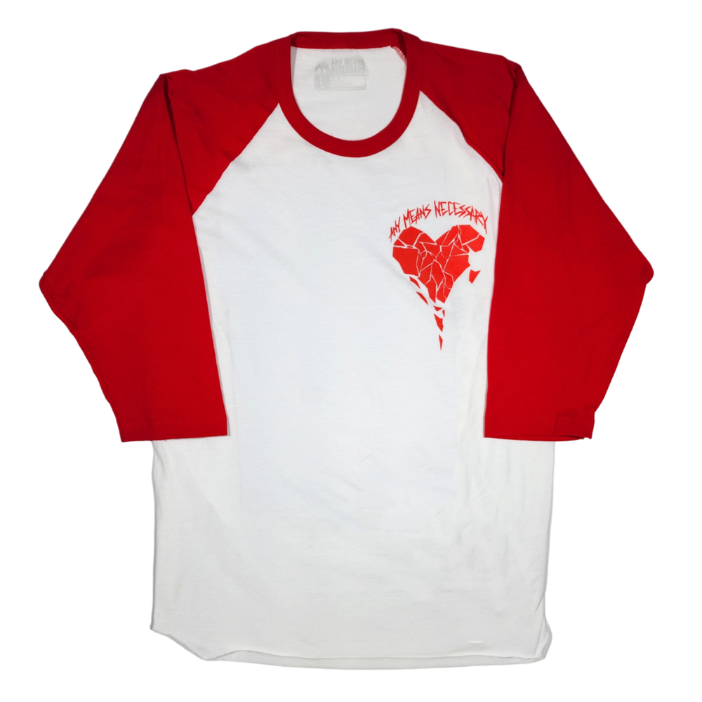 
                  
                    any means necessary shawn coss sharp edges baseball raglan 3/4 sleeve t shirt white and red front
                  
                