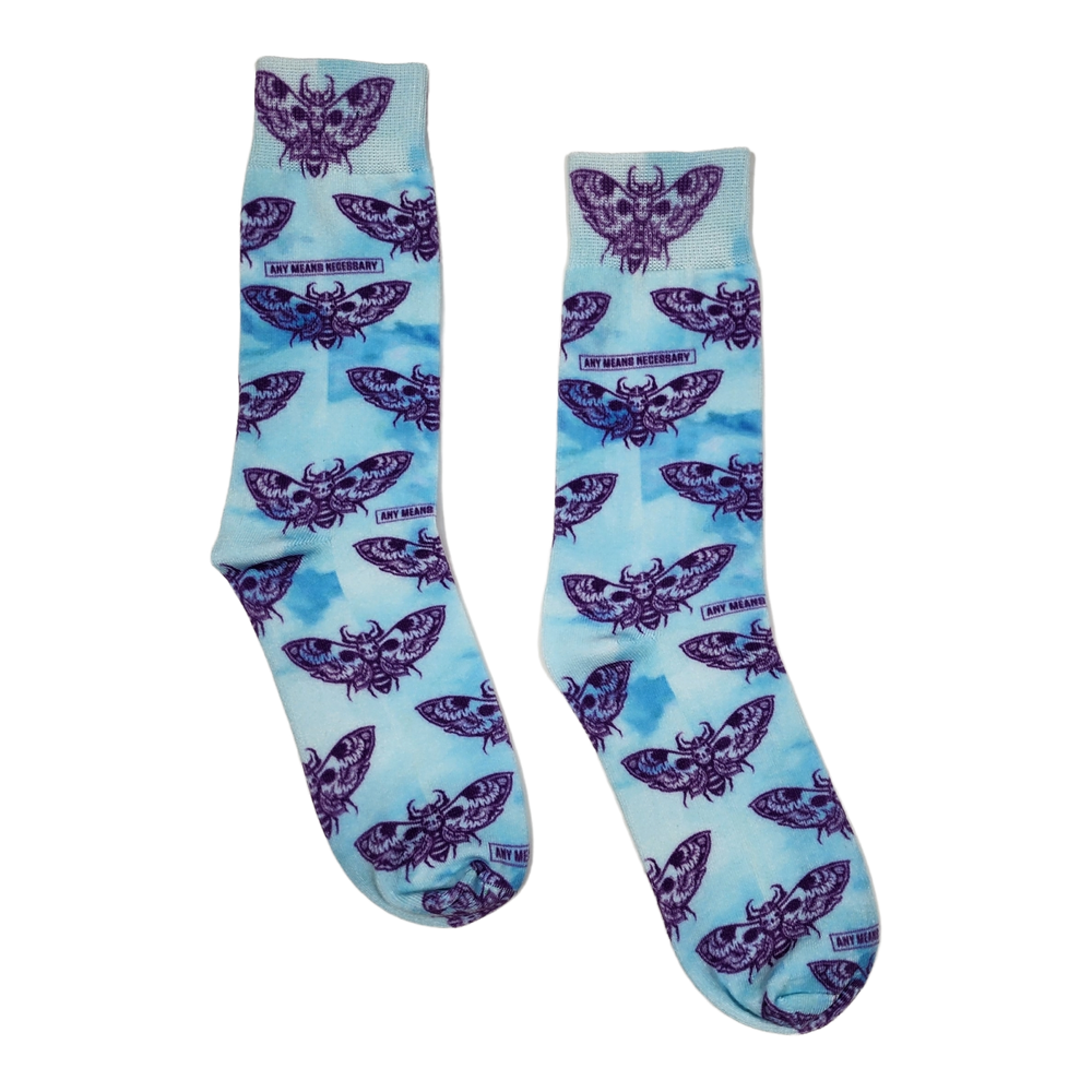 any means necessary shawn coss death moth socks purple blue tie dye
