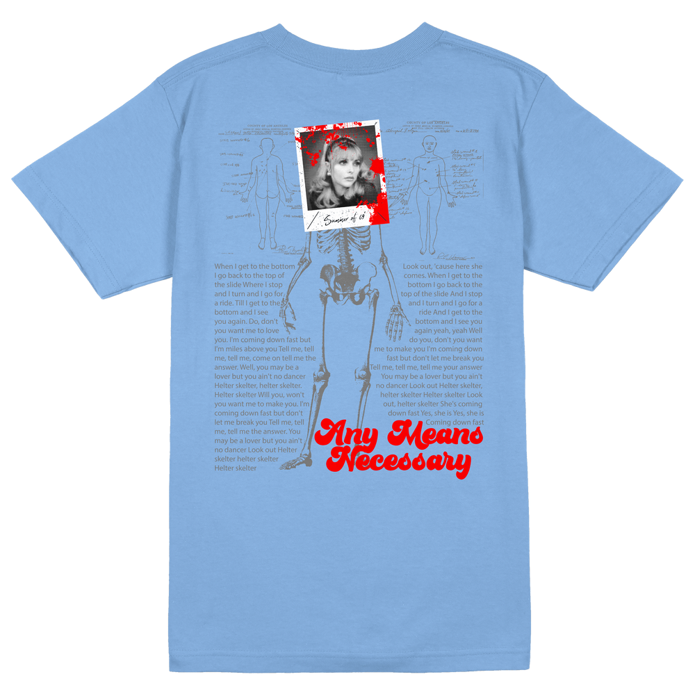 any means necessary shawn coss charles manson sharon tate summer of 69 t shirt light blue back