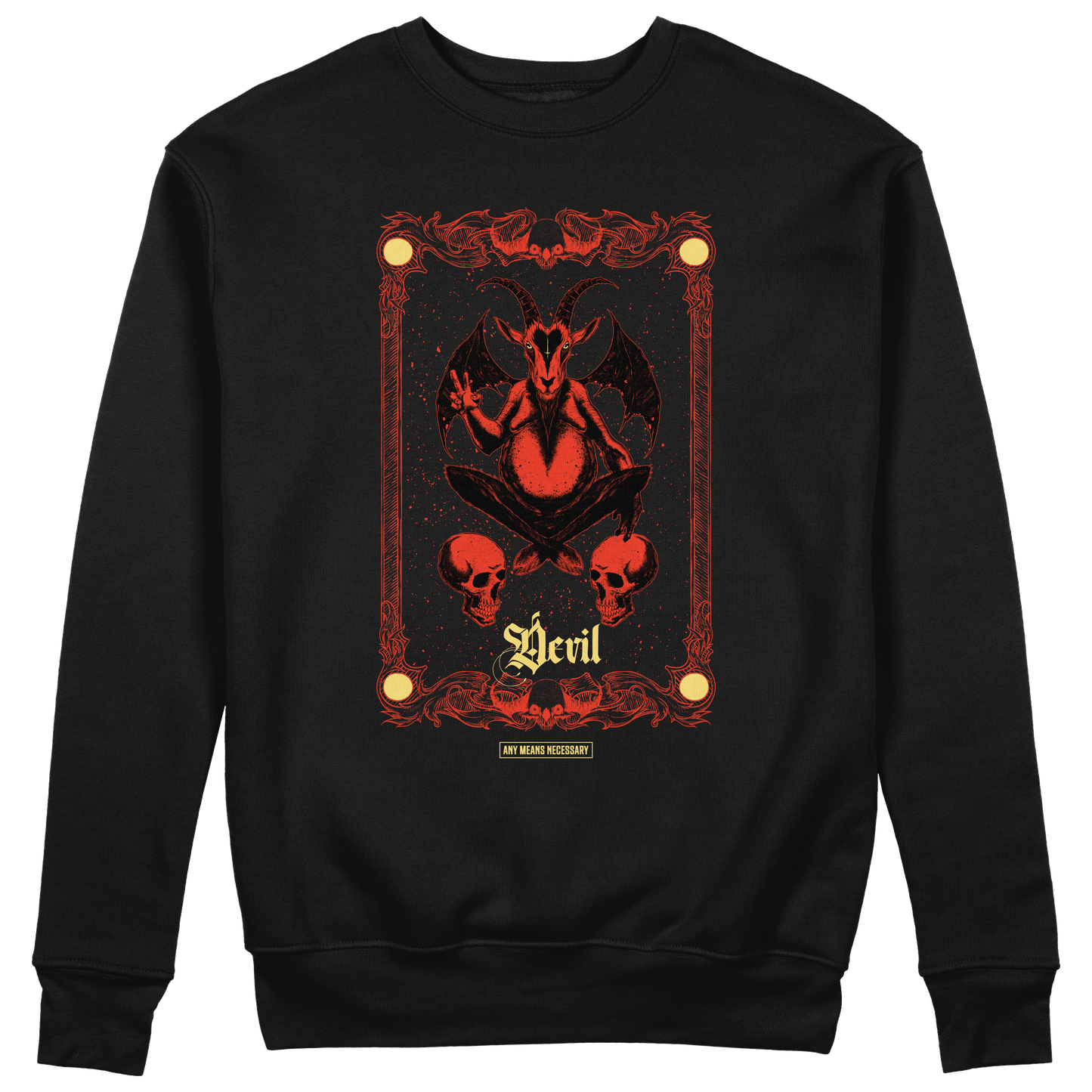 any means necessary shawn coss devil tarot crewneck sweatshirt black
